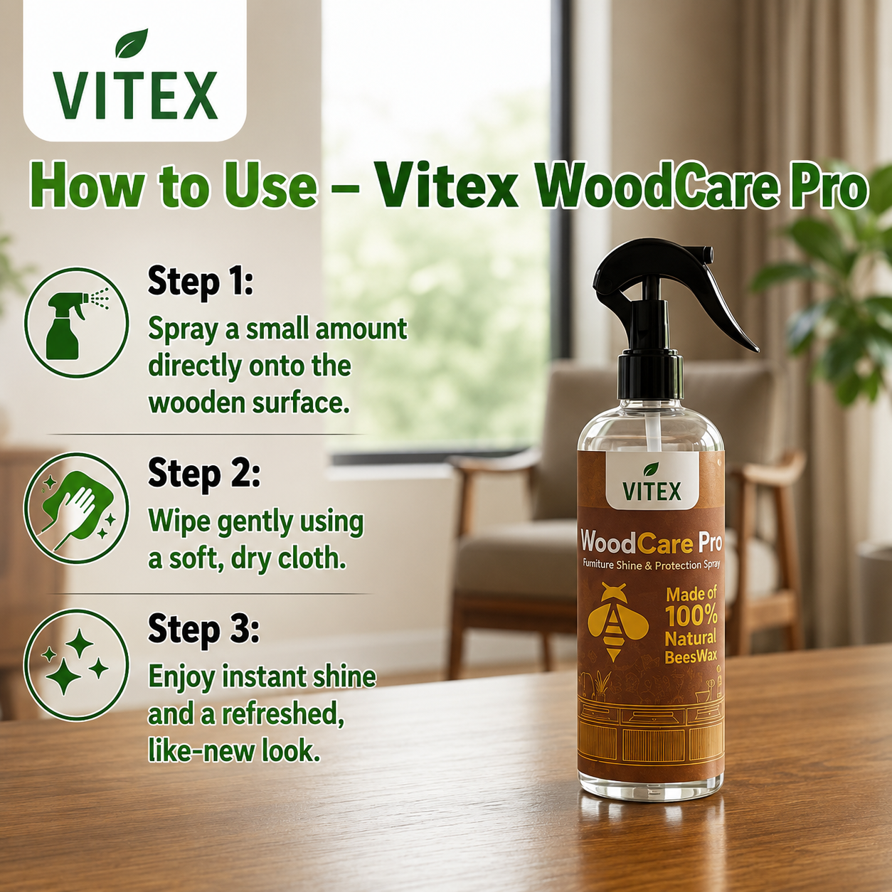 Vitx WoodCare Pro | India's No. 1 Natural Furniture Shine & Protection Spray